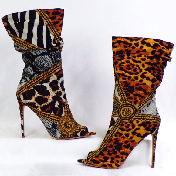 LILIANA size 11 multicolor ultra-high-heel open-toe slouch boots all synth. mat. - Picture 1 of 12